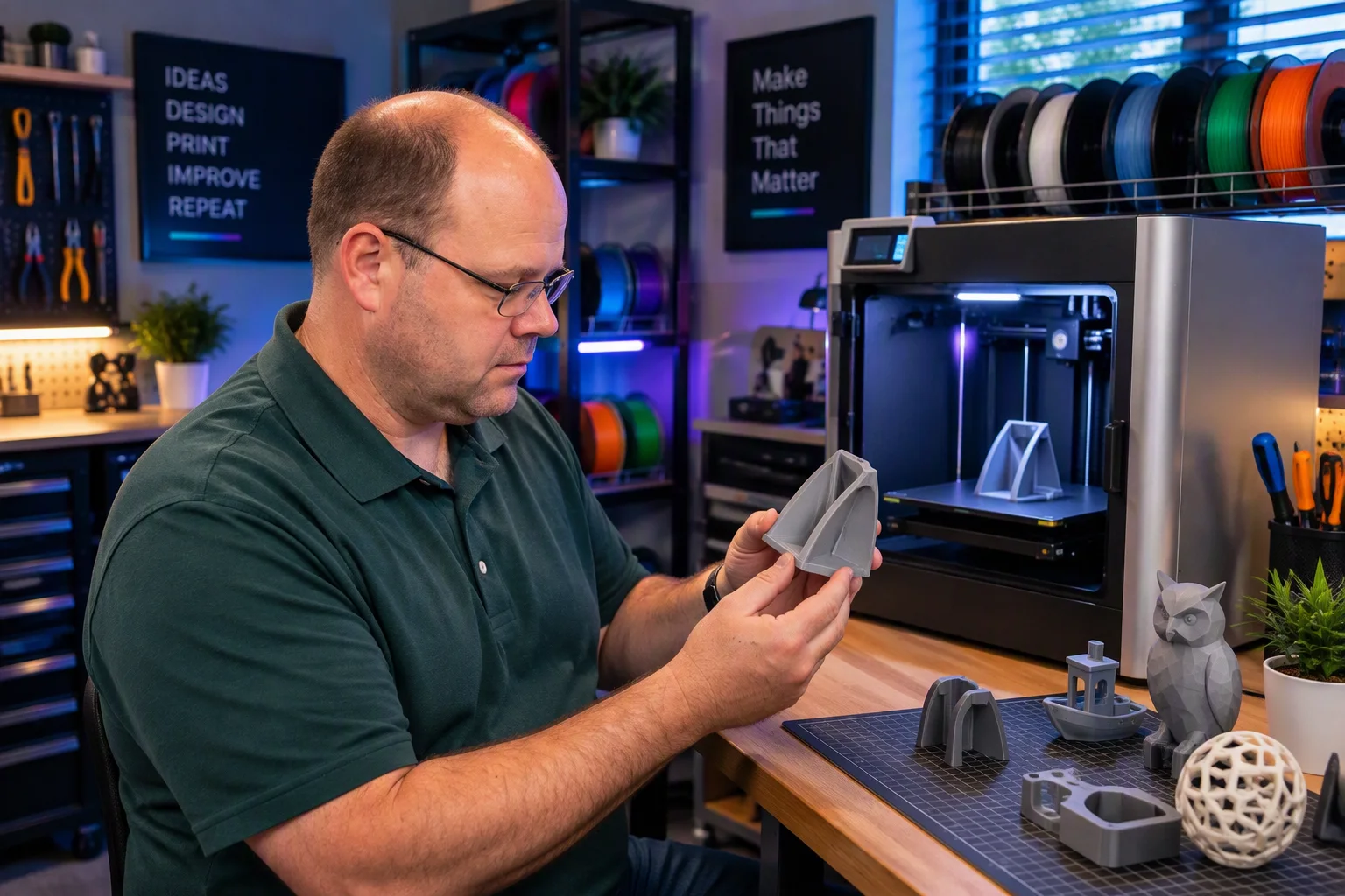 Kurt checking a fresh 3D print in his workshop