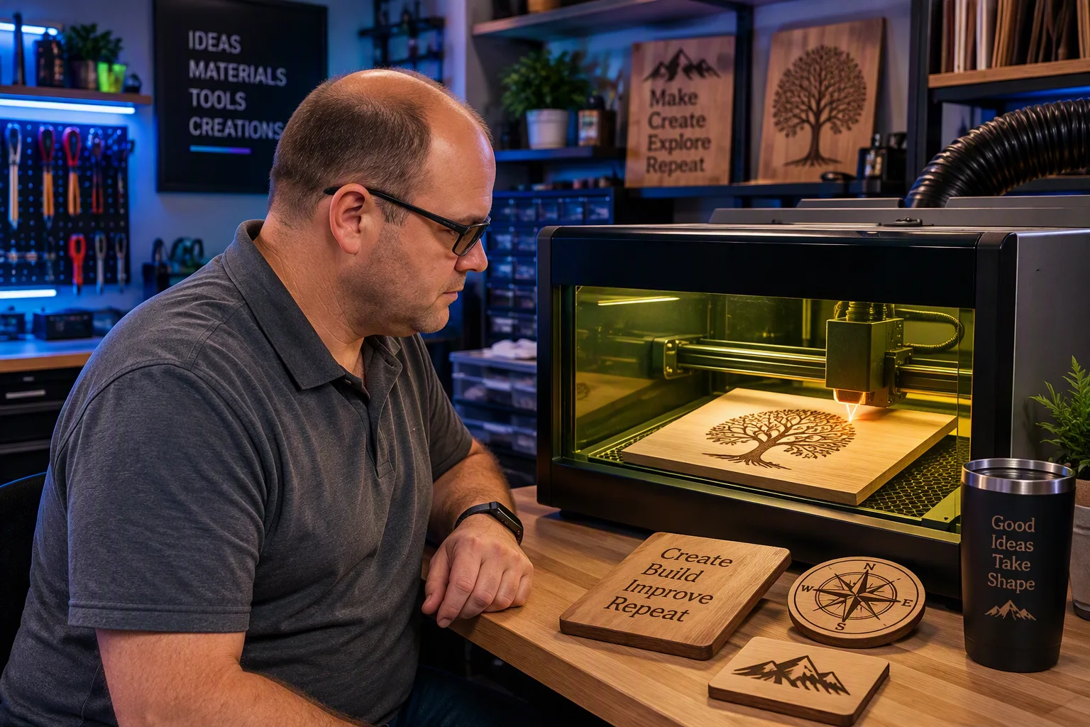 Kurt watching the laser engrave a wooden plaque