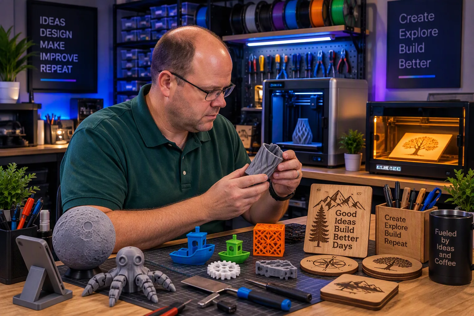 Kurt at his bench surrounded by 3D-printed and engraved projects