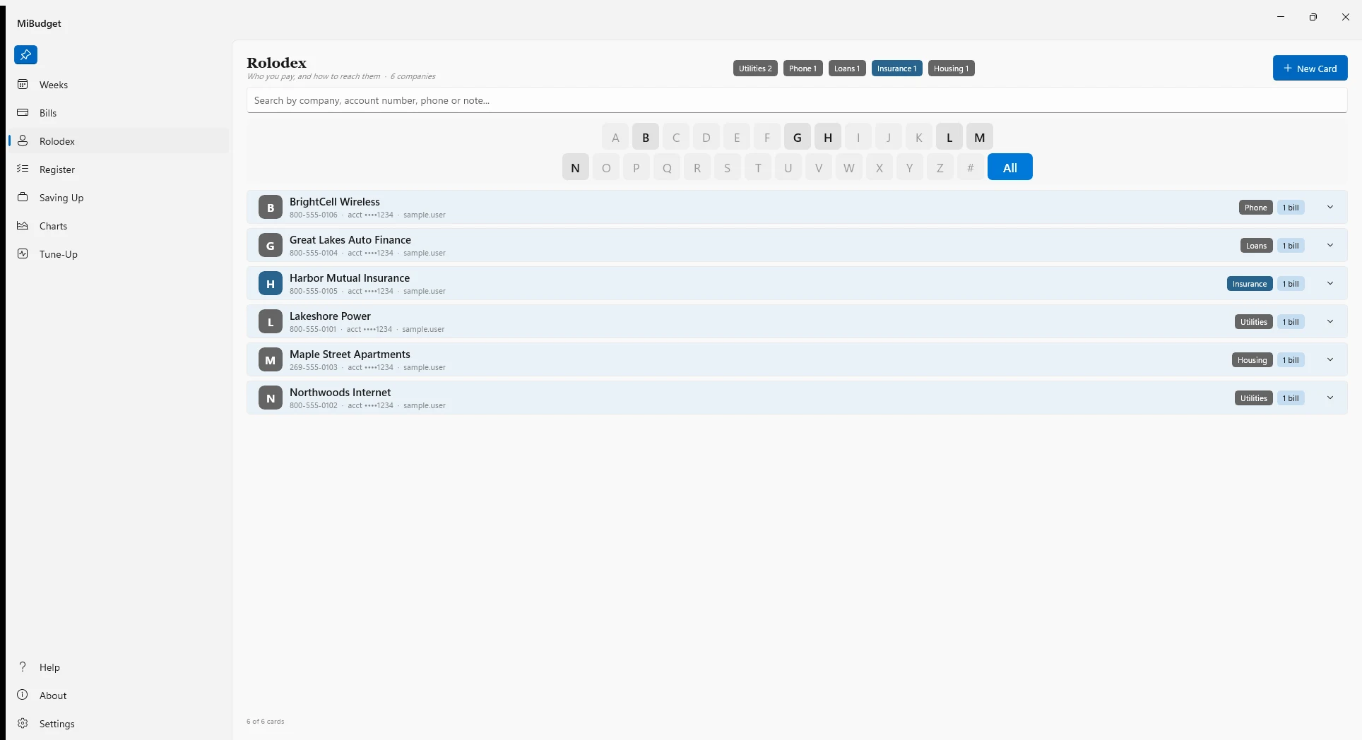 MiBudget Rolodex page